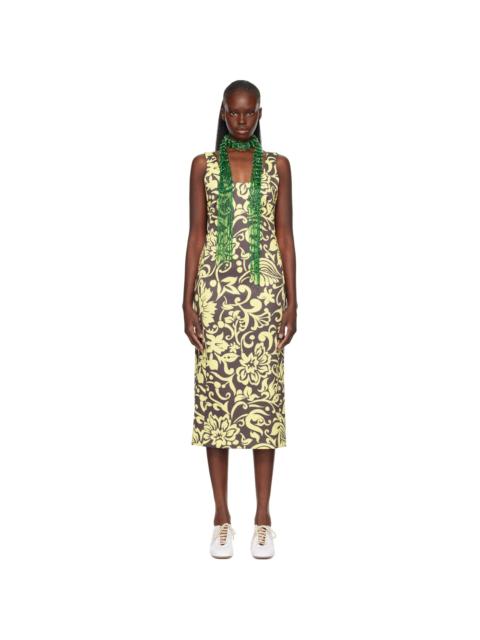Dries Van Noten Yellow & Taupe Fitted Structured Maxi Dress