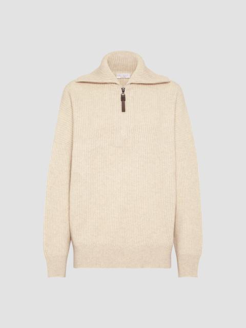 Brunello Cucinelli Women's Cashmere English Rib Sweater with Shiny Zipper Pull - Beige