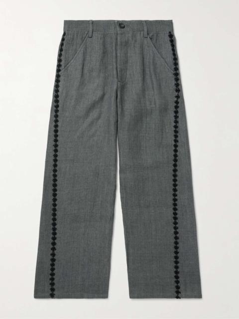 KARTIK RESEARCH Embroidered Linen Wide-Leg Trousers