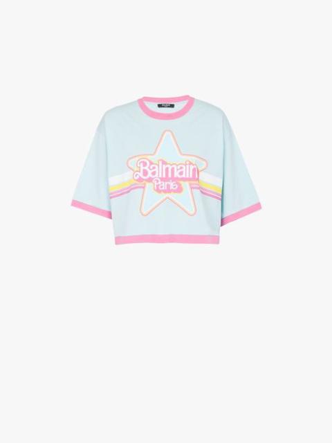 Balmain Balmain x Barbie - Blue eco-designed cotton cropped T-shirt with pink Balmain logo print
