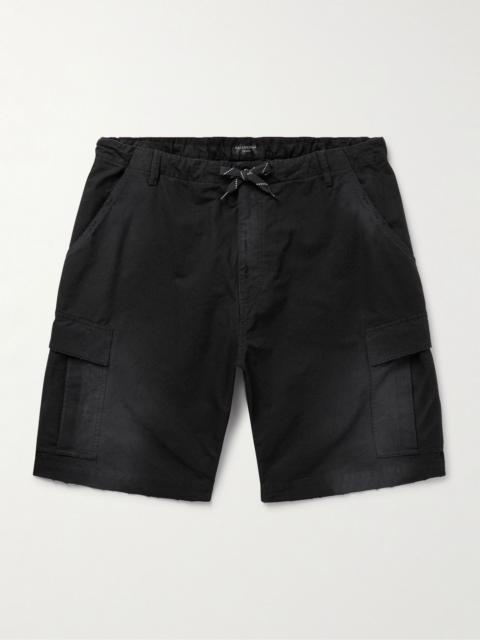 BALENCIAGA Wide-Leg Distressed Cotton-Ripstop Drawstring Cargo Shorts Black