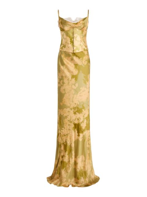 De La Vali Cleodora Corseted Silk-Blend Satin Maxi Dress green