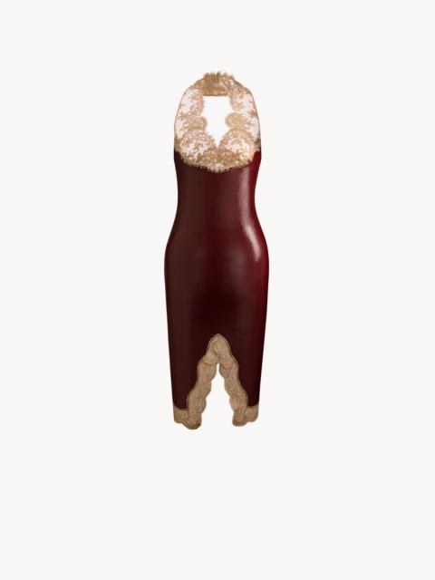 SAINT LAURENT LACED HALTER MIDI DRESS IN SILICONE-COATED RIBBED SILK JERSEY