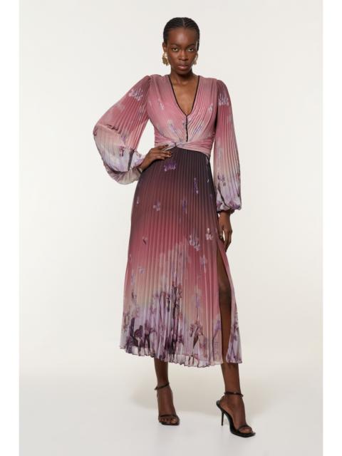 KAREN MILLEN Crinkle Pleat Border Floral Balloon Sleeve Woven Maxi Dress