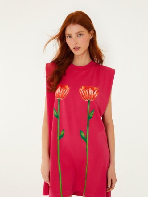 FARM RIO Pink Tropical Rose Padded Shoulders Organic Cotton Mini Dress