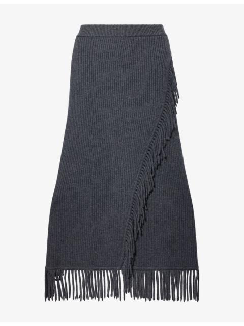 SIMKHAI Casey Fringed Knitted Wool And Cashmere Midi Skirt