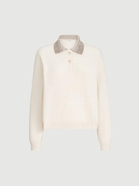Brunello Cucinelli Virgin wool, cashmere and silk English rib knit polo with dazzling collar