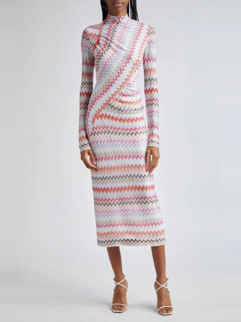 Asymmetric Long Sleeve Chevron Knit Dress in Black/Light Tones Multicolor