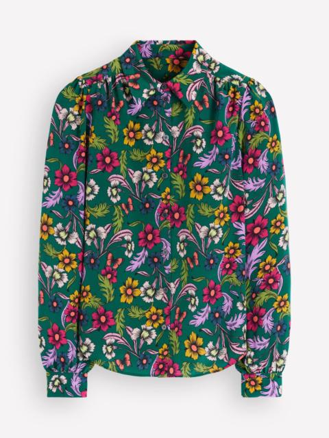 BODEN Sara Silk Shirt-Green, Butterfly Bouquet