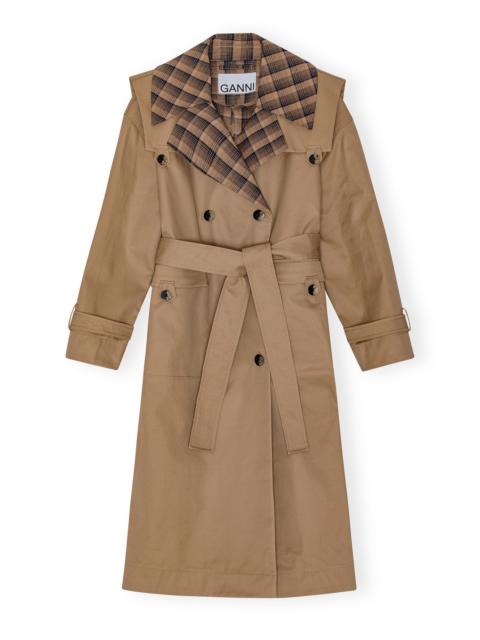 GANNI BROWN BONDED COTTON OVERSIZED TRENCH COAT