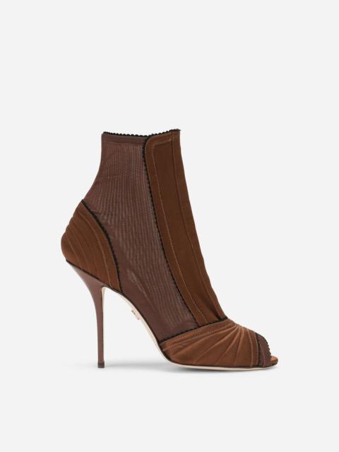 Peep-toe ankle boots in corset-style satin