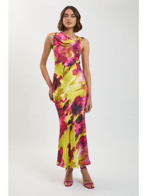 KAREN MILLEN Viscose Satin Floral Print Asymmetric Shoulder Maxi Dress