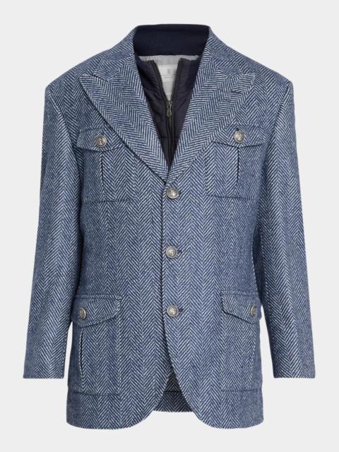 Brunello Cucinelli Men's Wool and Silk Chevron Field Jacket with Zipped Bib