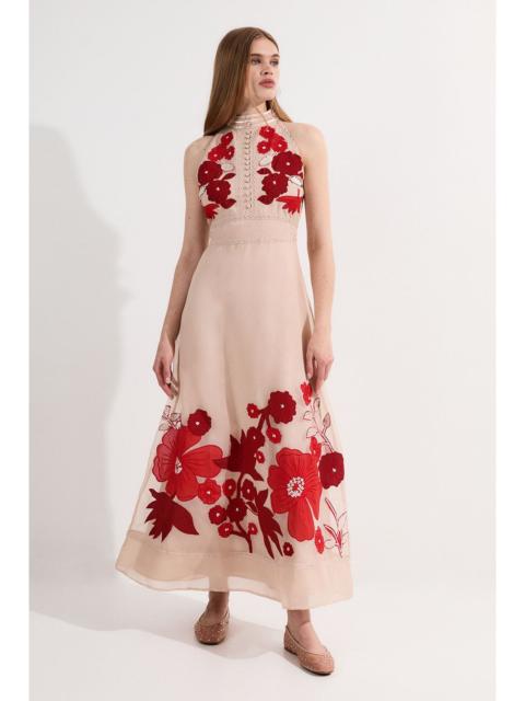 KAREN MILLEN Applique Organdie Buttoned Halter Neck Maxi Dress