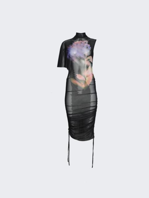 David Koma Asymmetric Sleeve Printed Mesh Mini Dress Black