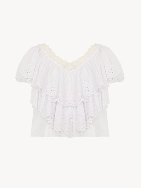 Chloé CROPPED V-NECK RUFFLE TOP IN COTTON VOILE & LACE