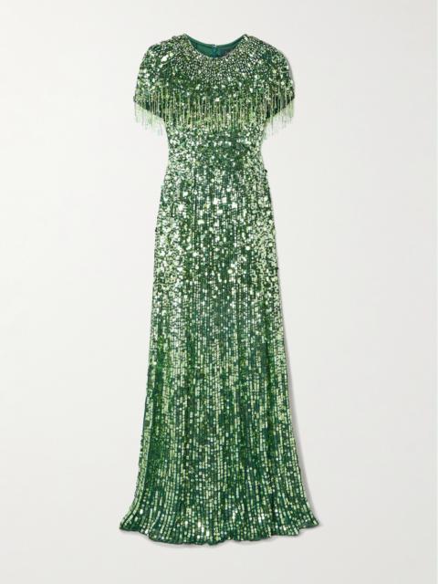 JENNY PACKHAM Eugenie Fringed Cape-effect Embellished Satin Gown