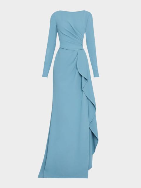 ELIE SAAB Long-Sleeve Ruffle-Slit Cady Gown