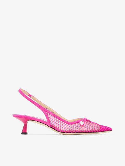 JIMMY CHOO Amita 45
Fuchsia Fishnet Mesh and Suede Slingback Pumps