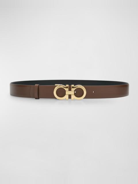 FERRAGAMO Gancini Reversible Brown Leather & Brass Belt