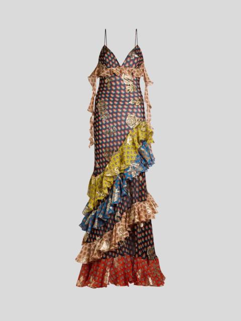 Etro LONG SILK DRESS WITH FIL COUPÉ ROSES AND TIE-INSPIRED MOTIF