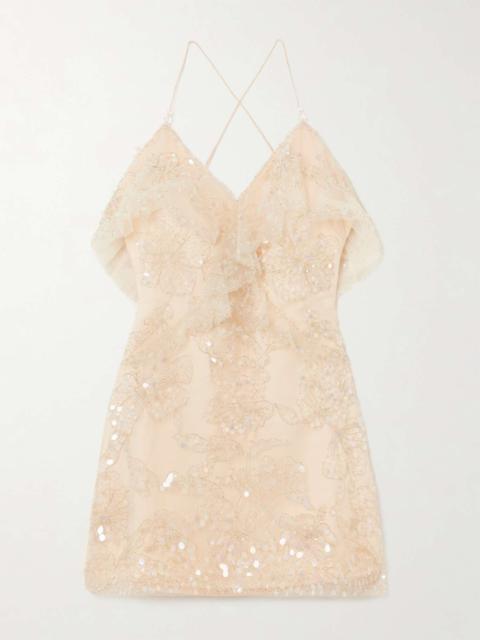 Aje. Iridescence ruffled beaded tulle mini dress Cream