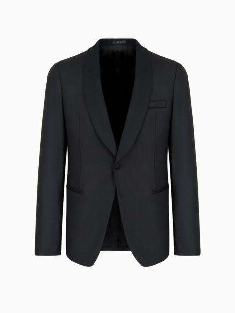 Light worsted virgin wool single-breasted jacket with satin shawl lapels