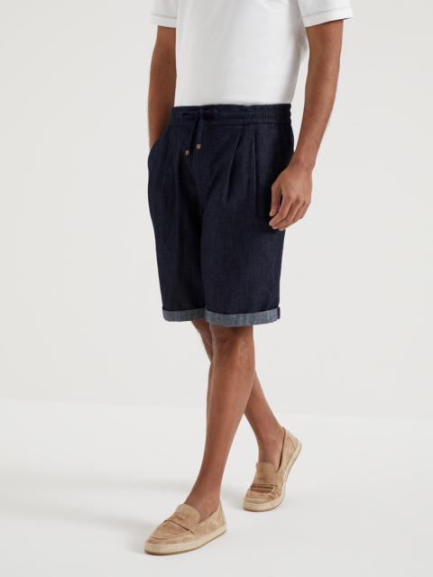 Lightweight denim Bermuda shorts with drawstring and double pleats