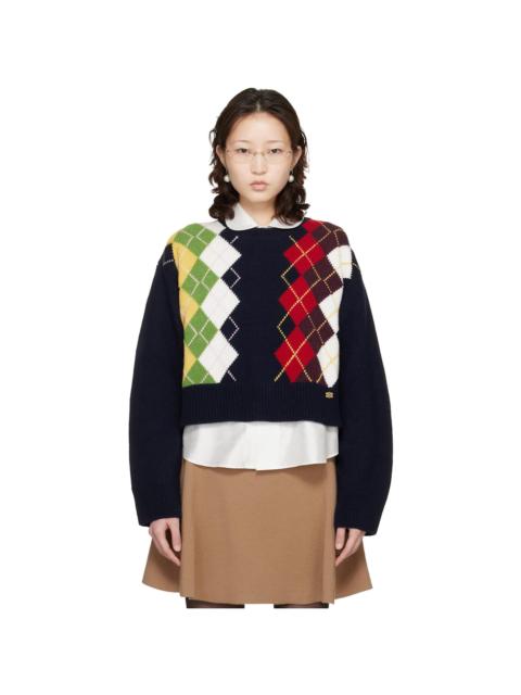 GANNI Navy Chunky Wool Mix Argyle Knit Sweater
