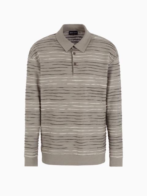 GIORGIO ARMANI Long-sleeved polo shirt in linen, cotton and viscose jersey jacquard