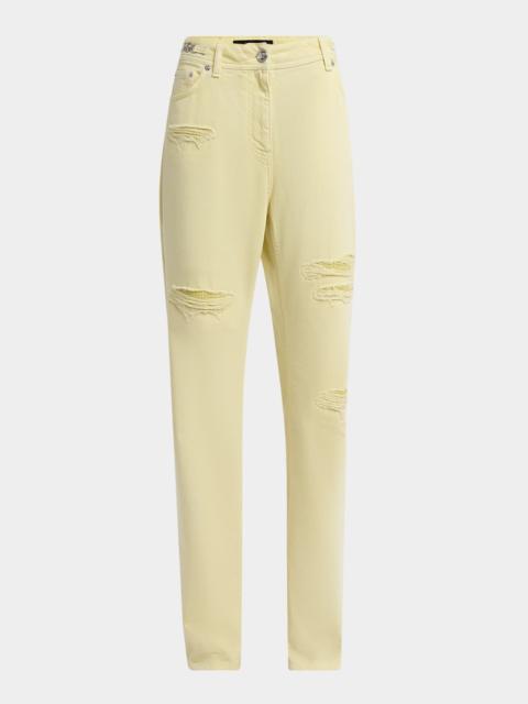 VERSACE Chainmail Inset Distressed Pastel Denim Straight-Leg Pants