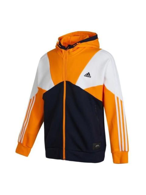 Men's adidas Stripe Splicing Logo Printing Zipper Hooded Jacket Autumn Black HE7471