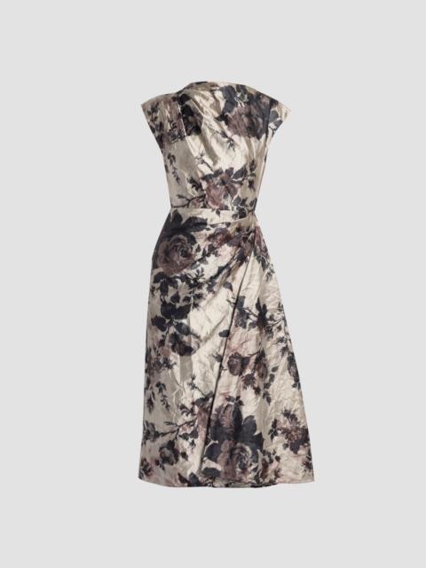Erdem FLORAL TEXTURED SATIN DRAPED MIDI DRESS