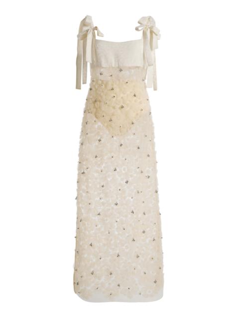 SIEDRÉS Tallula Floral-Appliquéd Tulle Midi Dress white