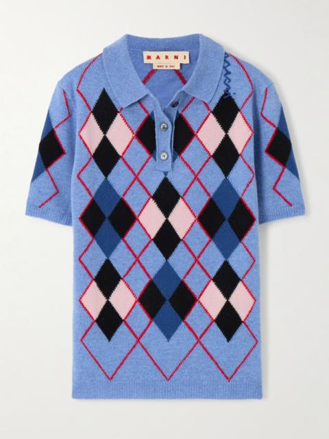 Marni Embroidered argyle wool polo shirt Blue