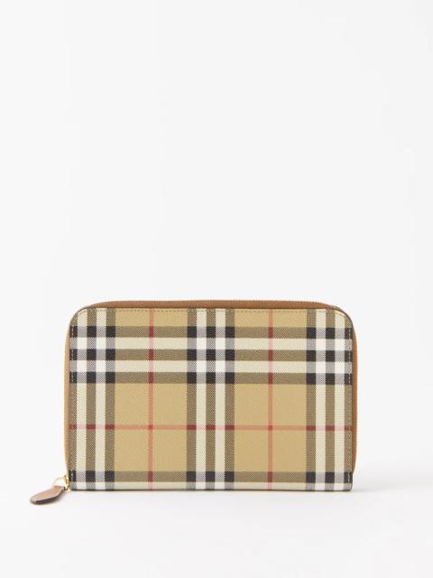 Leather-trim checked canvas travel wallet