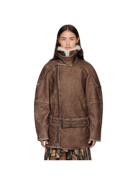 Diesel Brown Double-Breasted Aviator-Biker Coat