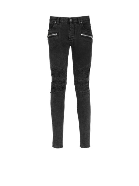 Faded faux leather slim jeans