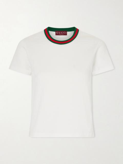 GUCCI Cropped Striped Embroidered Cotton-jersey T-shirt