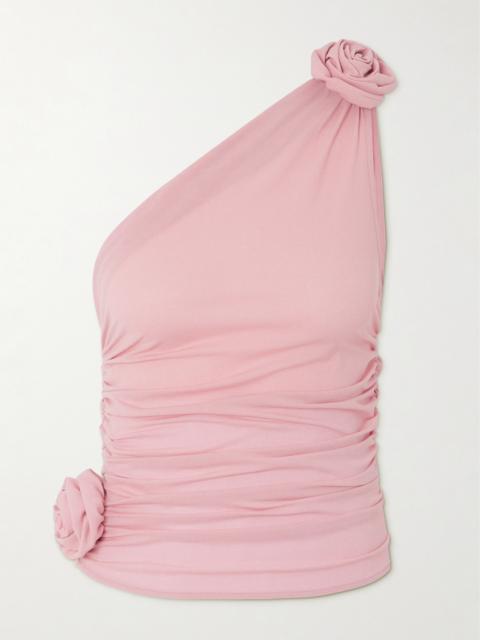 MAGDA BUTRYM One-shoulder Appliquéd Ruched Stretch-silk Top