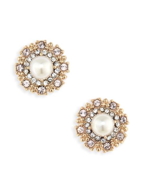 Marchesa Pavé Halo Imitation Pearl Stud Earrings in Gold/Blush