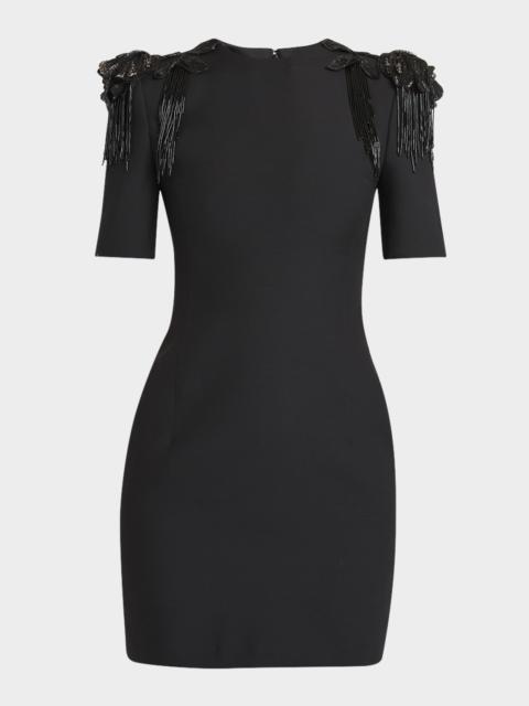 Valentino Embroidered Strong-Shoulder Crepe Mini Dress