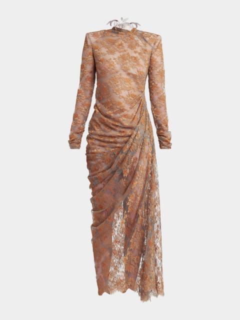 Valentino Feather-Trim Draped Lace Long-Sleeve Maxi Dress