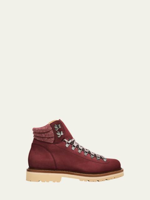 Brunello Cucinelli Men's Nubuck Fabric-Collar Hiking Boots