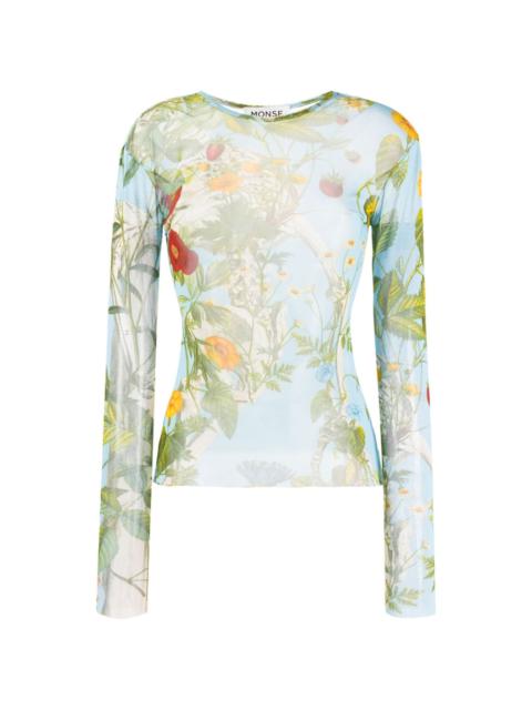 botanical-print mesh T-shirt