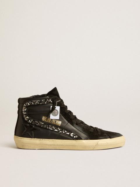 Golden Goose Slide in black leather with black star and black crystal flash