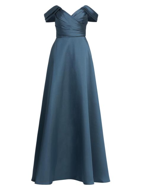 AMSALE Women's Satin Off-the-Shoulder Gown - Petrol