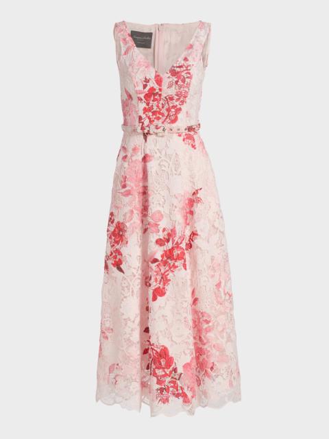 Monique Lhuillier Rose-Print Lace Belted Sleeveless Midi Dress