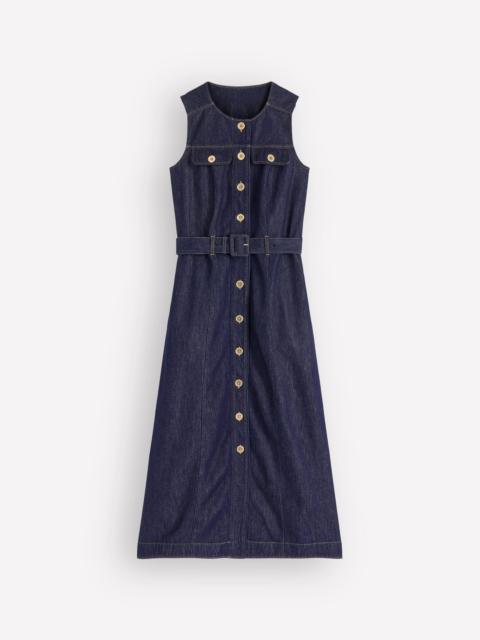 BODEN Gold Button Denim Midi Dress-Indigo