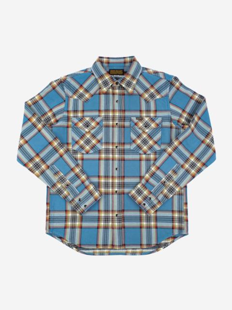 Iron Heart IHSH-332-SAX Ultra Heavy Flannel Anniversary Check Western Shirt - Sax Blue Overdyed Pale Grey
